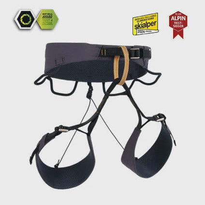 Climbing harness with certification badges on a white background