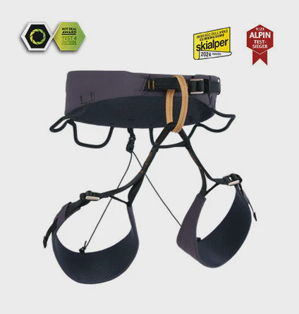 Climbing harness with certification badges on a white background
