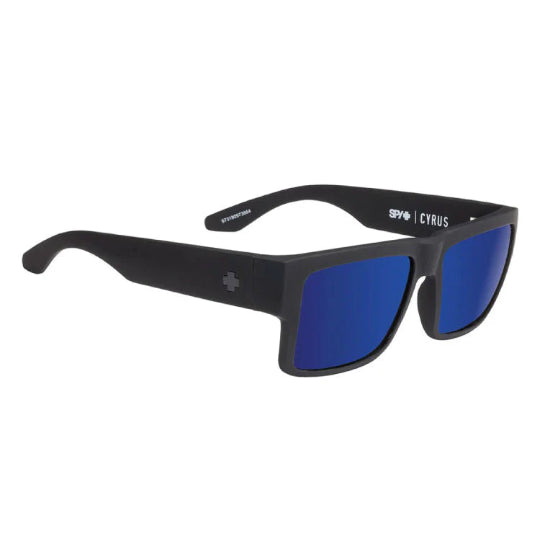 Black sunglasses with blue lenses on a white background