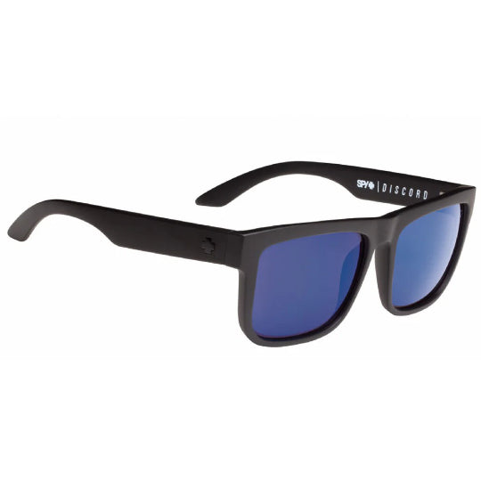 Black sunglasses with blue lenses on a white background