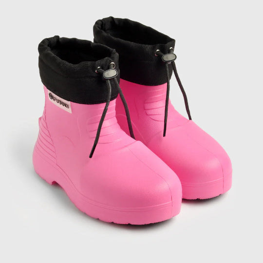 Pair of pink rubber boots with black trim on a light gray background