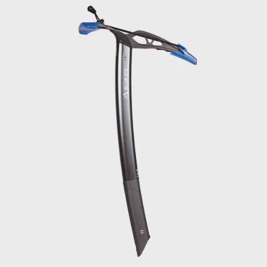 Ice axe with blue accents on a light gray background