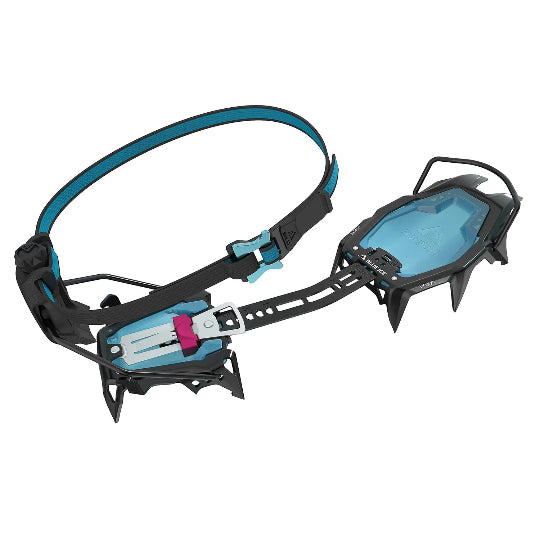 Crampons with blue and black design on a white background