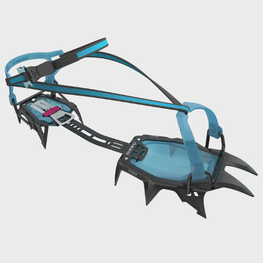 Ice crampon with blue straps on a light gray background