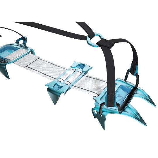 Blue ice crampon with black straps on a white background