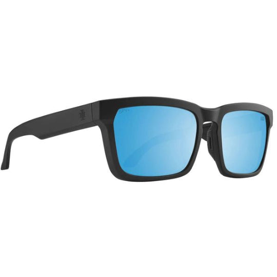 Black sunglasses with blue lenses on a white background
