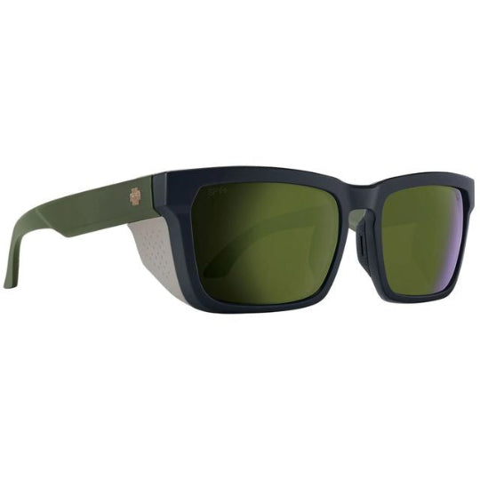 Sunglasses with green lenses and dark frame on a white background