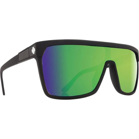Sunglasses with a black frame and green and purple gradient lenses on a white background