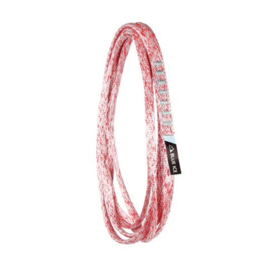 Red and white braided climbing sling with a label on a white background