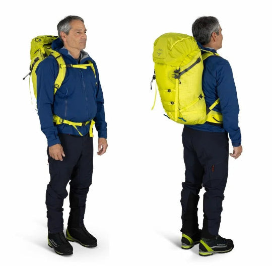 Person wearing a yellow backpack from front and back views on a white background
