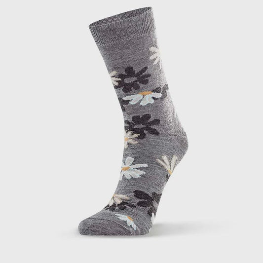 Gray sock with floral pattern on a white background