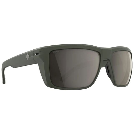 Sunglasses with dark lenses and a green frame on a white background