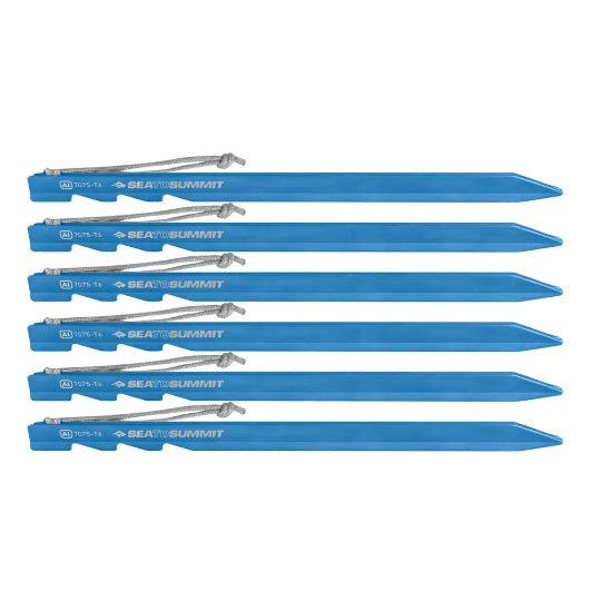 Set of blue tent stakes with brand name on a white background