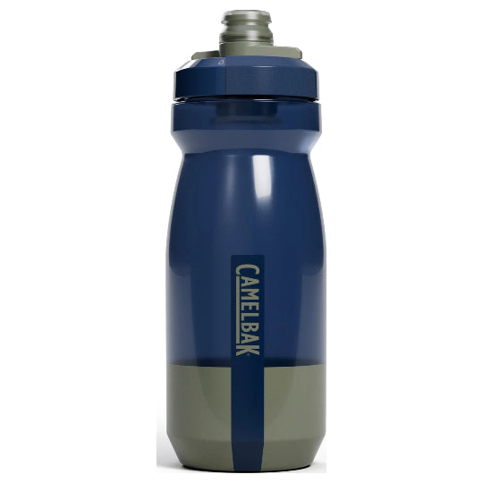 Blue and grey CamelBak water bottle on a white background
