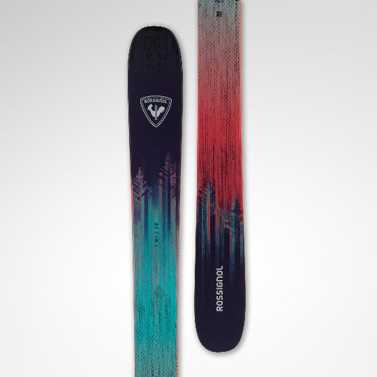 Two skis with a gradient design and visible branding on a white background