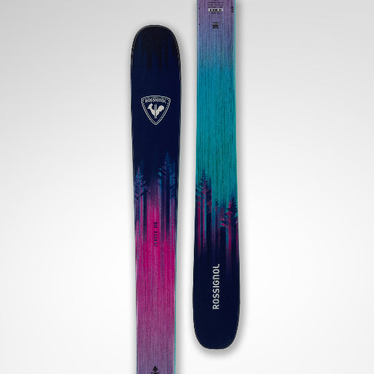 Two skis with a gradient design on a white background, featuring the Rossignol logo.