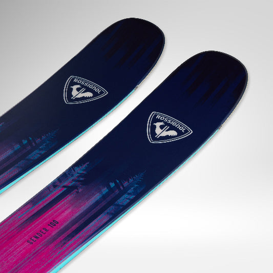 Two skis with a visible brand logo on a light gray background