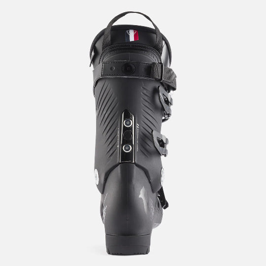 Black ski boot with brand logo on a white background