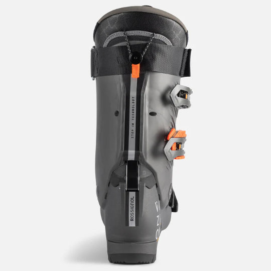Gray ski boot with orange accents on a white background