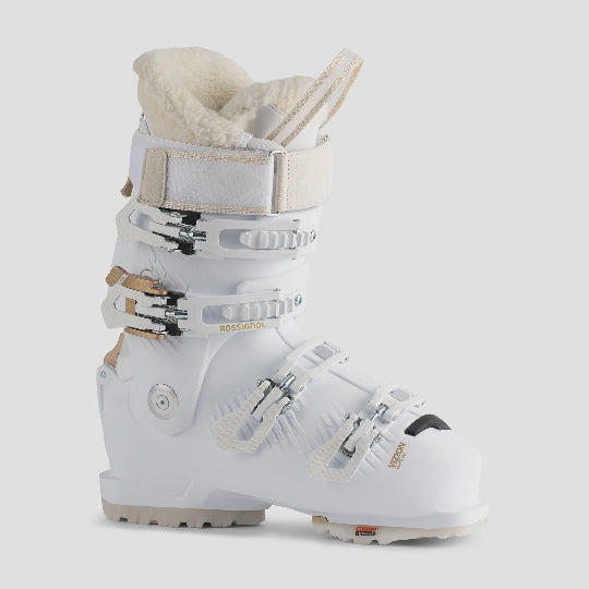 White ski boot with beige interior on a white background