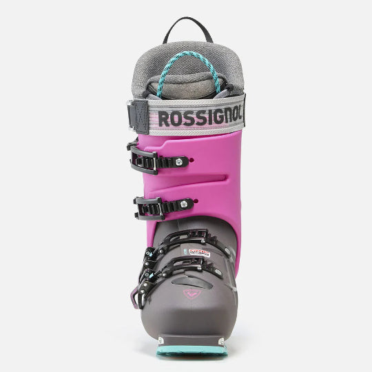 Pink and gray ski boot with Rossignol branding on a white background