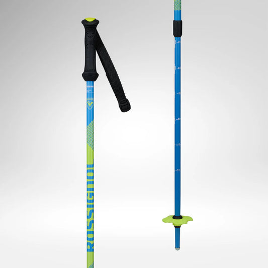 Two blue ski poles with black and green accents on a white background