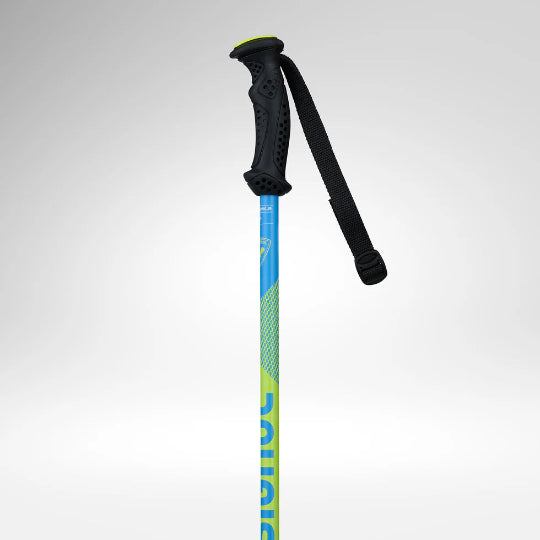 Blue and green ski pole with black handle on a light gray background