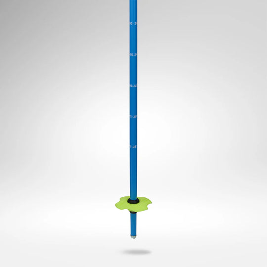 Blue pole with green base on a light gray background