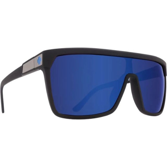 Sunglasses with blue lenses and black frame on a white background