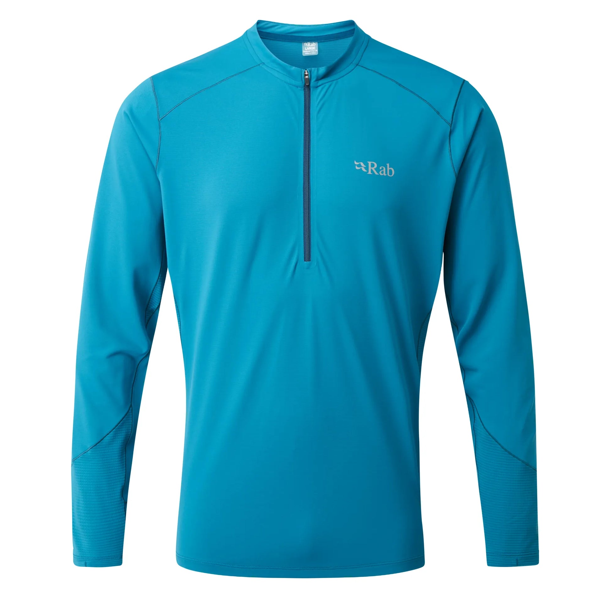 Blue long-sleeve shirt with a brand logo on a white background