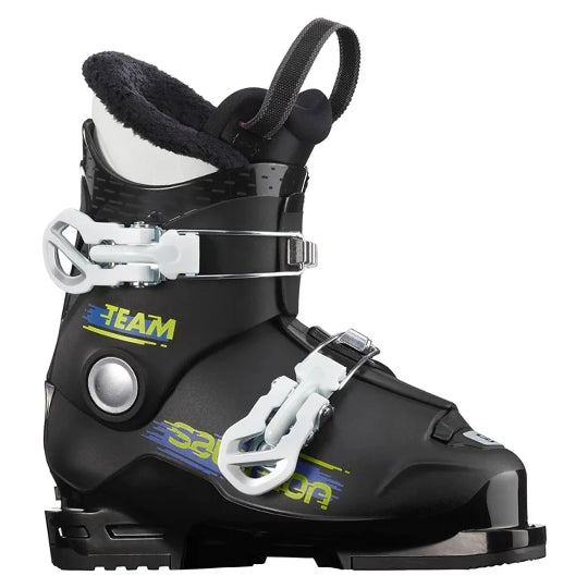 Black ski boot with visible branding on a white background