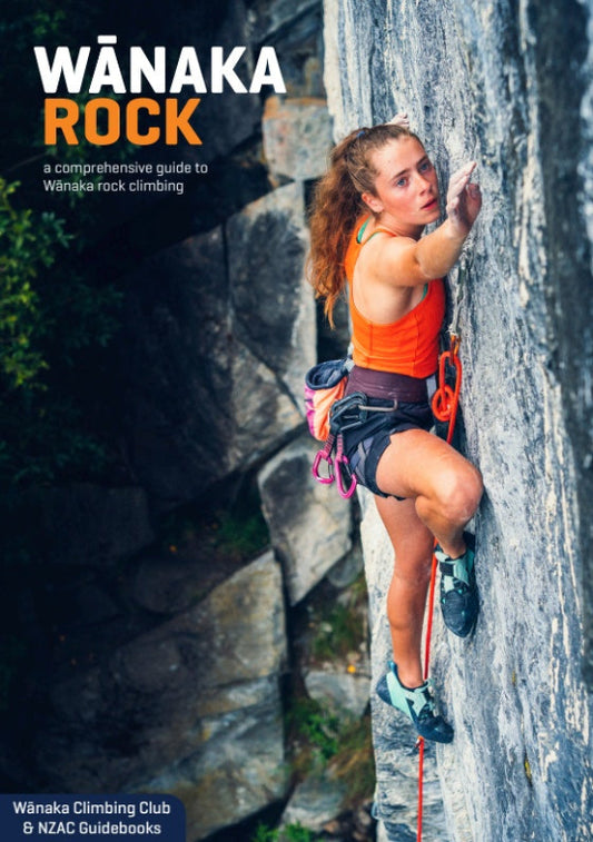 Person climbing a rock face with 'Wánaka Rock' guidebook cover.