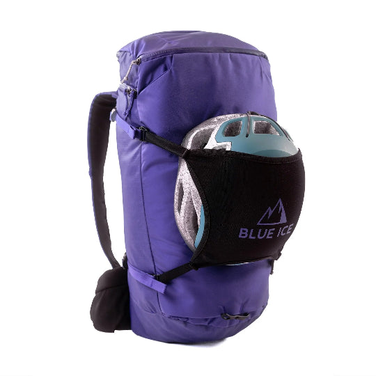 Purple backpack with a helmet on a white background, featuring the Blue Ice brand.