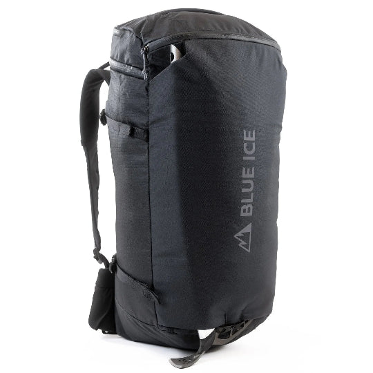 Black backpack with 'Blue Ice' logo on a white background