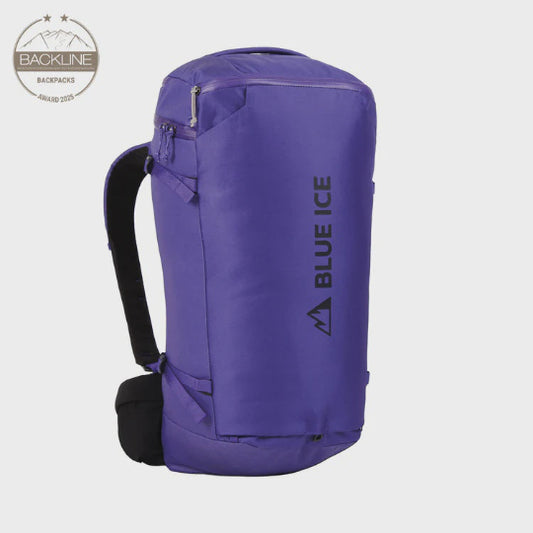 Purple backpack with 'Blue Ice' logo on a light gray background