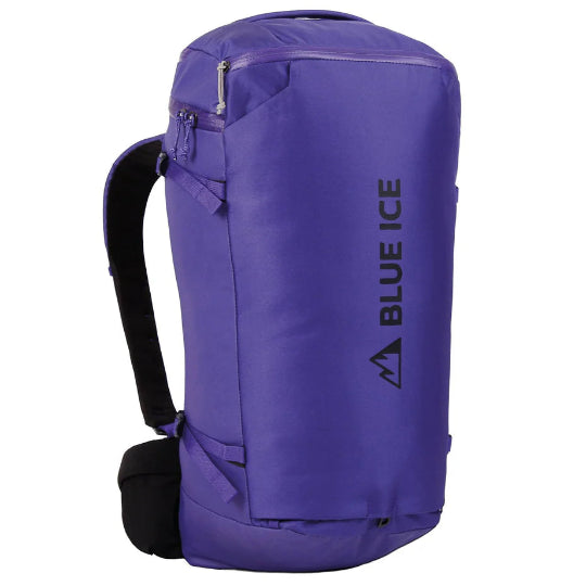 Purple backpack with 'Blue Ice' logo on a white background