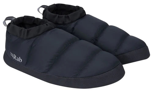 Pair of black quilted slippers with 'Rab' branding on a white background