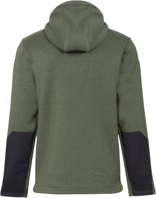 Green fleece jacket with black arm patches on a white background