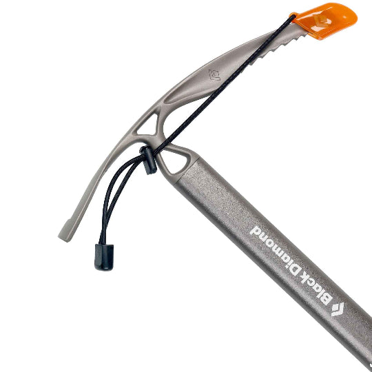 Ice axe with orange tip and Black Diamond logo on a white background