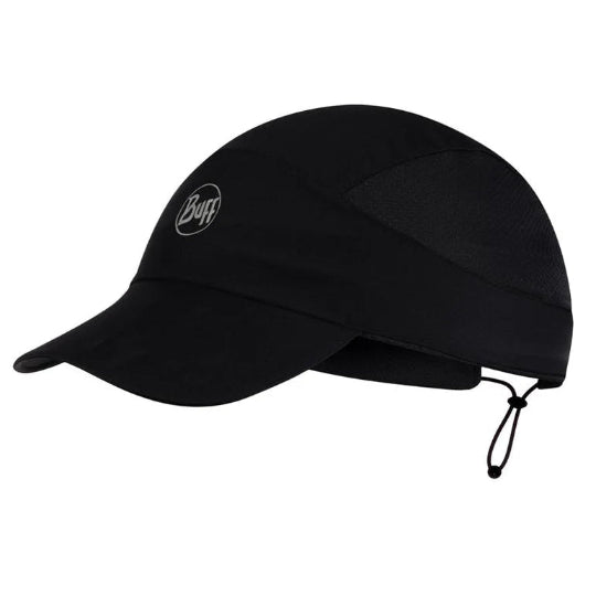 Black cap with a brand logo on a white background