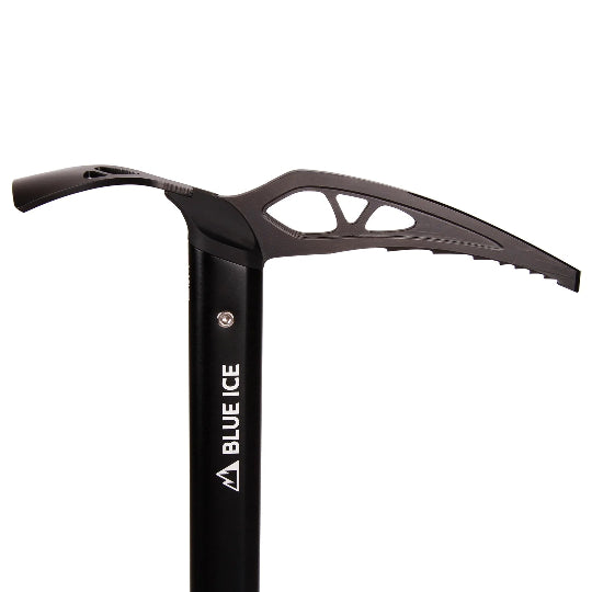Black ice axe with 'Blue Ice' branding on a white background