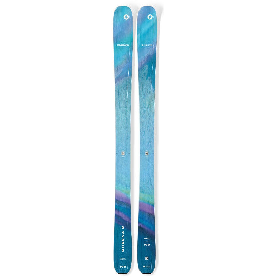 Pair of blue and purple skis on a white background