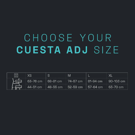 Size chart for Cuesta Adj on a black background