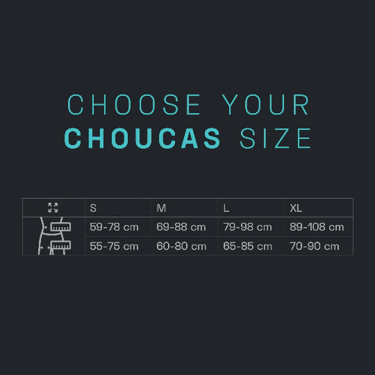 Size chart for Choucas with measurements on a black background