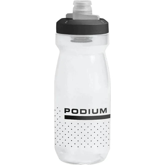 A clear plastic hydration bottle with a black lid and a brand logo printed on it, designed for easy hydration on the go.