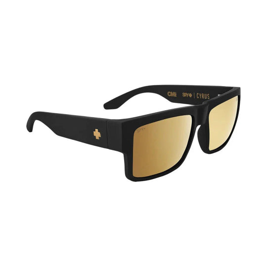 Black sunglasses with gold lenses on a white background