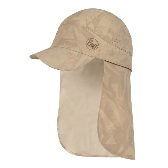 Beige cap with neck flap and Buff logo on a white background