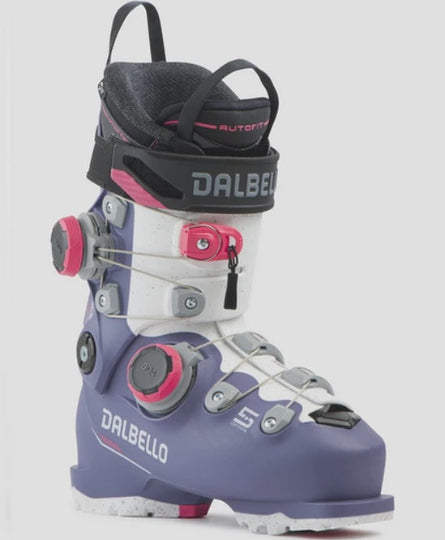 Purple and white ski boot with black and pink accents on a white background