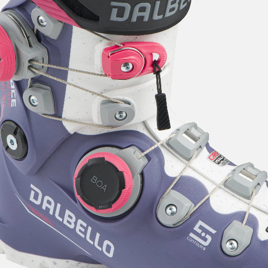 Close-up of a purple and white Dalbello ski boot with BOA system on a white background