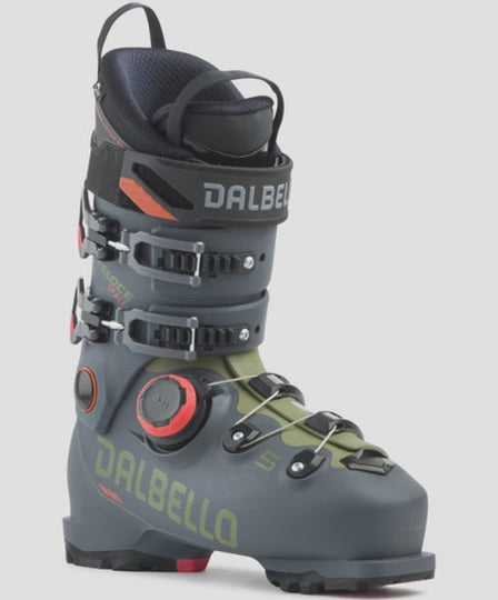 Gray ski boot with black and green accents on a light gray background